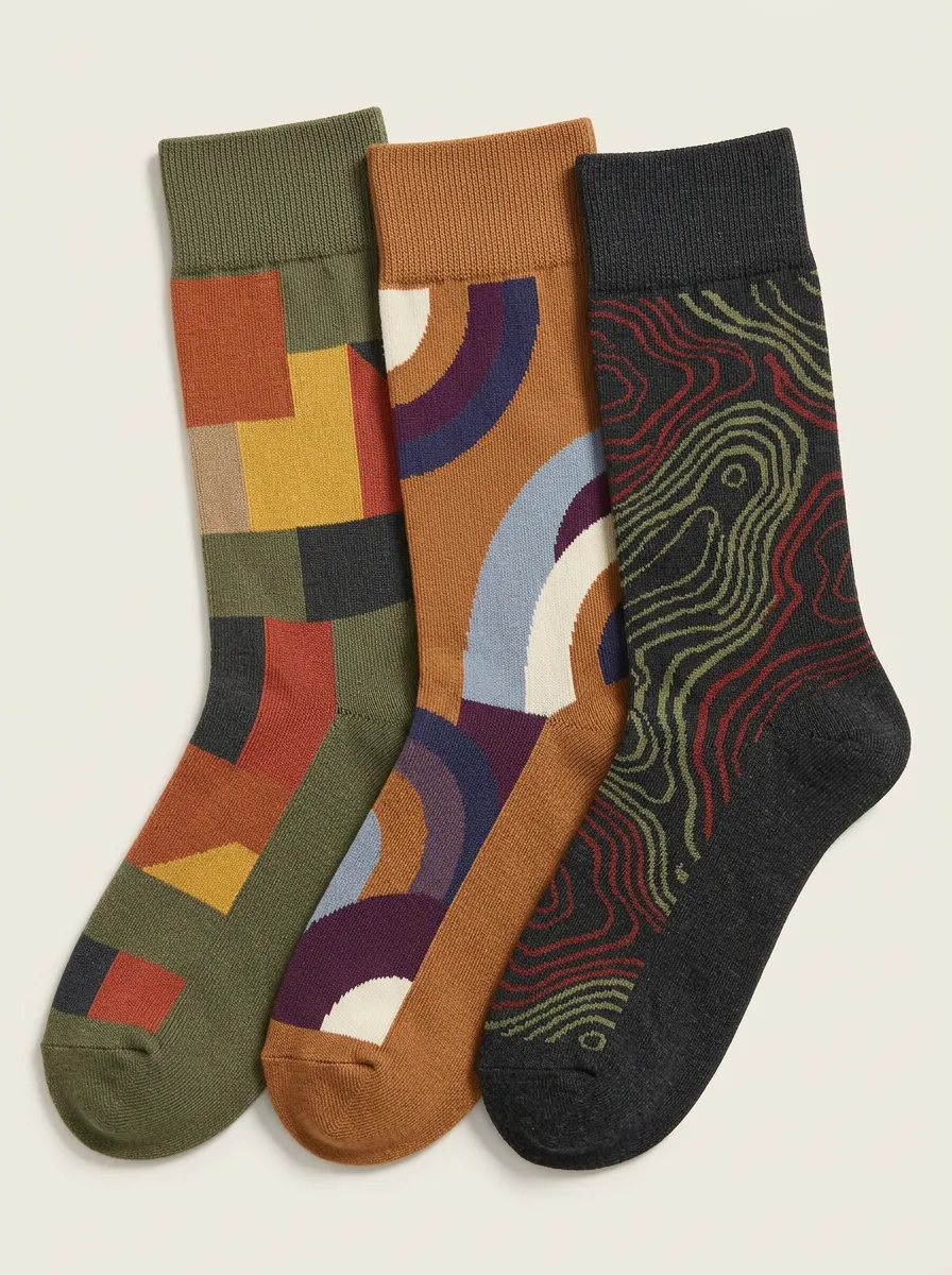 Men's Geometric Abstract Topographic Printed Three Pack Socks Everyday Design