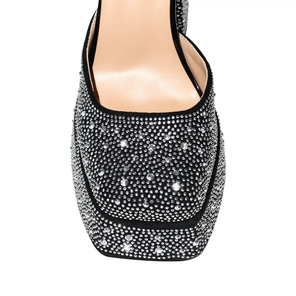 Rhinestone Square Toe Low Platform Chunky Heel Pumps