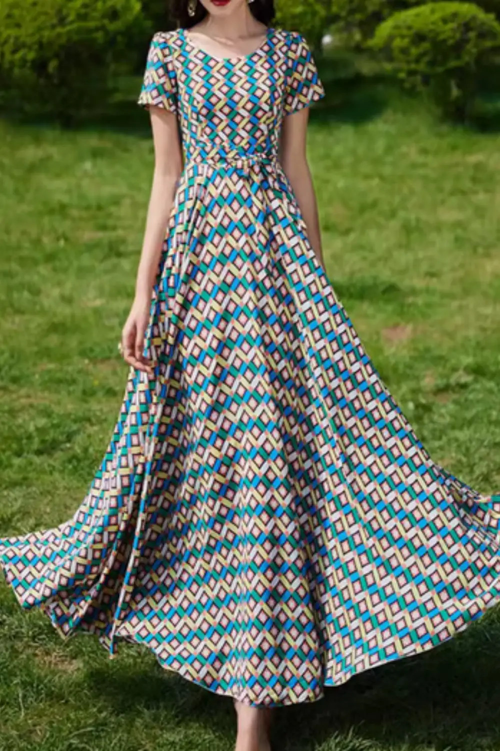 Printed Chiffon Fit And Flare Short Sleeve Maxi Dress