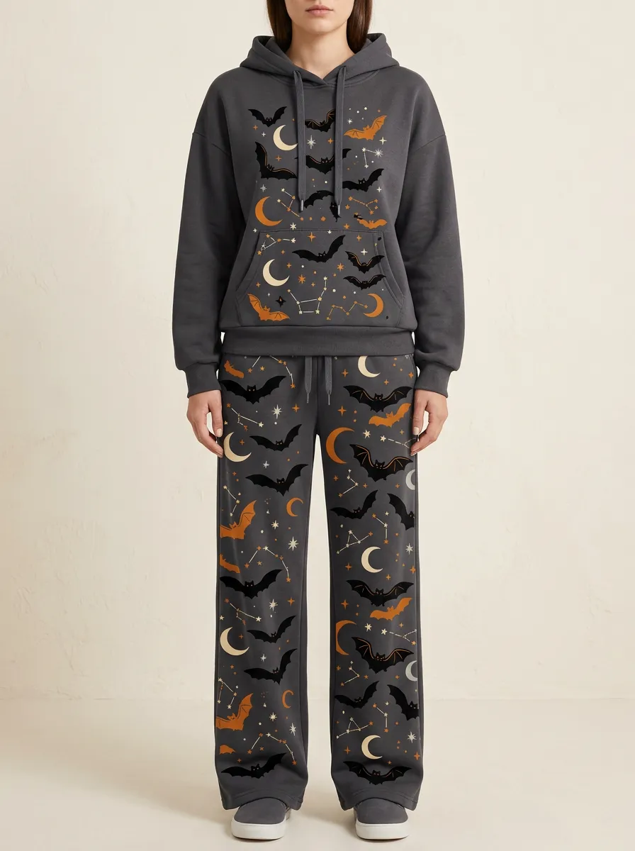 Women's Halloween Bat Moon Star Printed Hoodie and Pants Set