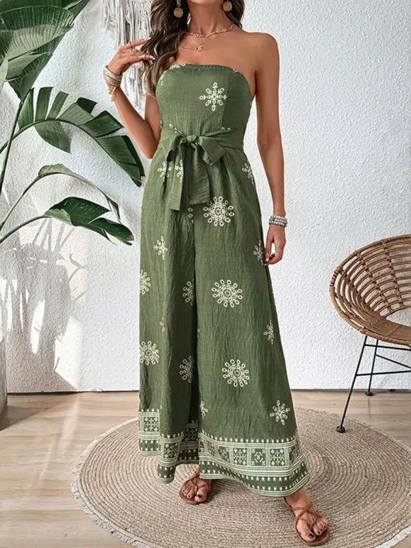 Strapless Snowflake Print Wide Leg Jumpsuit