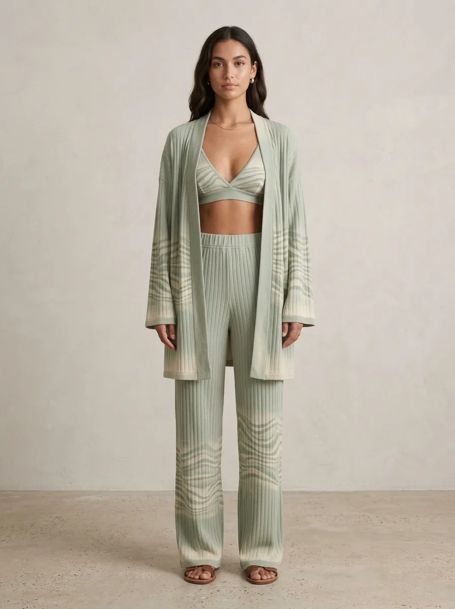 Wavy Wide Leg Cardigan Lounge Set