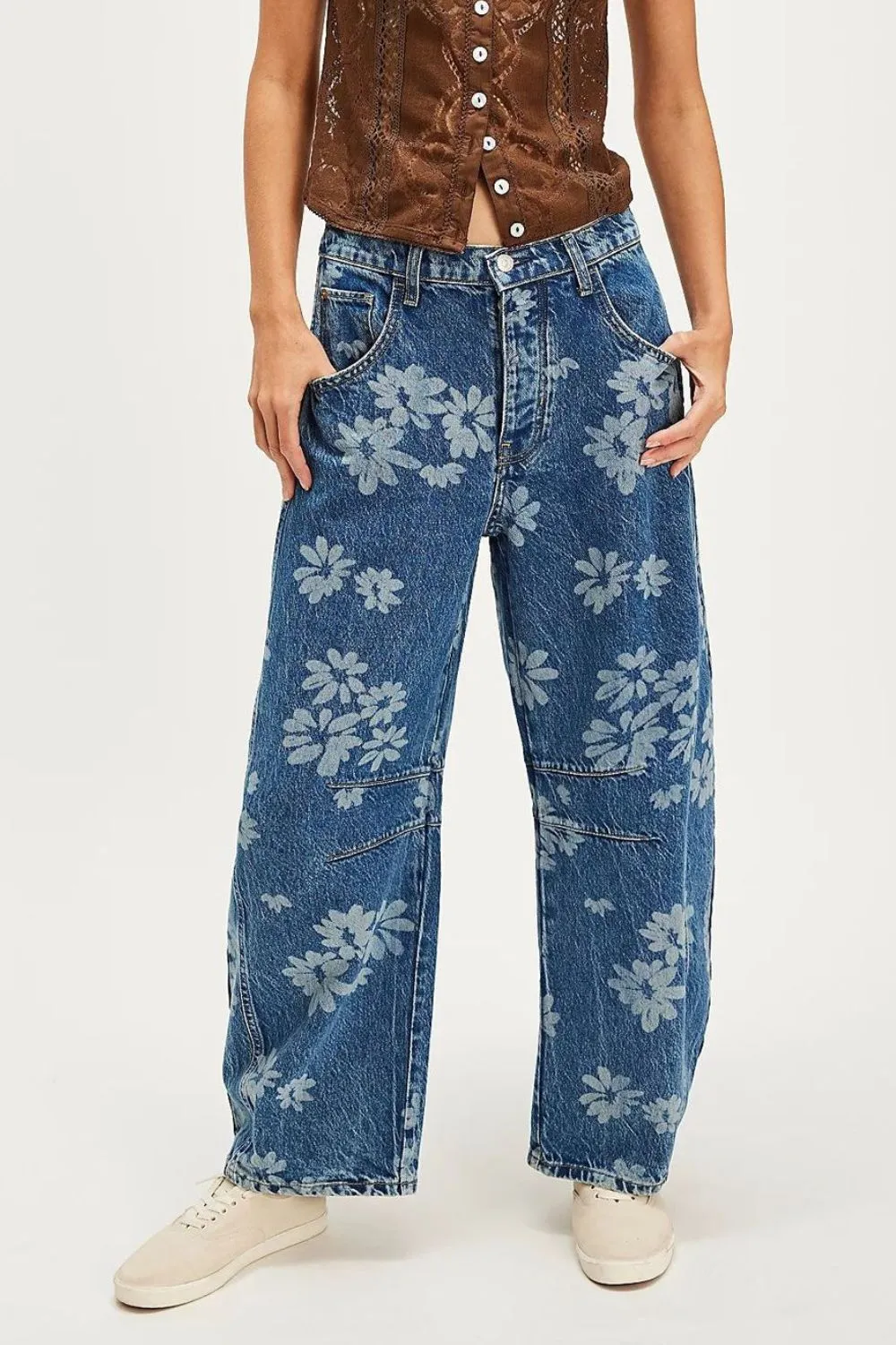 Denim Floral Print Wide Leg Pocketed Jeans