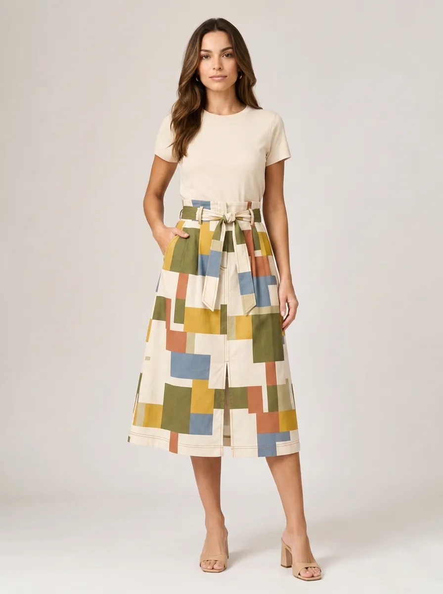 Women's Geometric Abstract Pattern Printed Midi Skirt