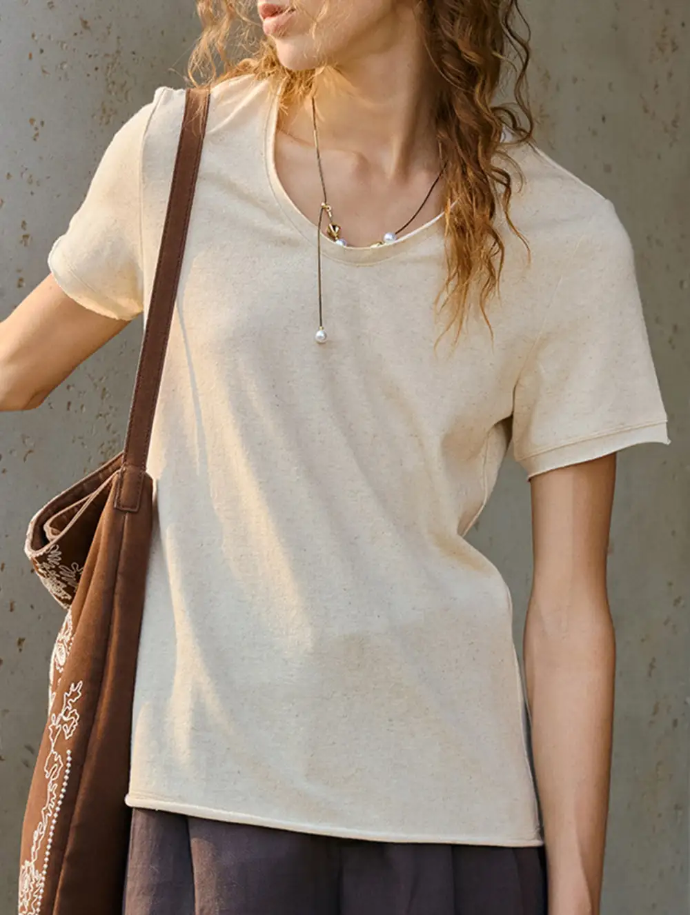 Linen Blend V Neck Knit Tee