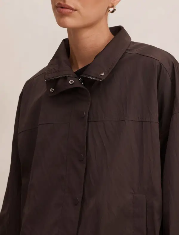 Dark Brown Button-Front Drawstring Hem Windbreaker