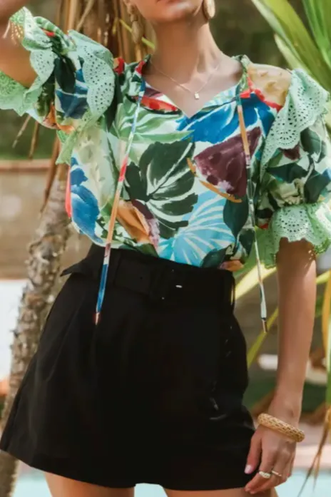 Tropical Print Layered Ruffle Blouse