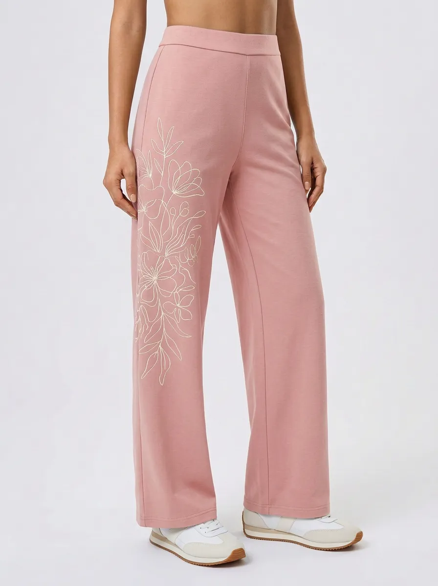 Women's Charcoal Floral Print Wide-Leg Trousers Sweatpants