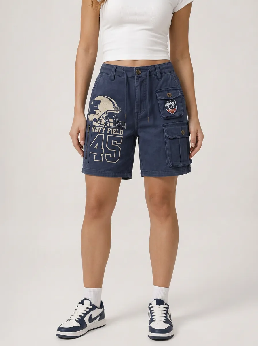 Women's Football Fan Navy Field 45 Helmet Printed Cargo Shorts