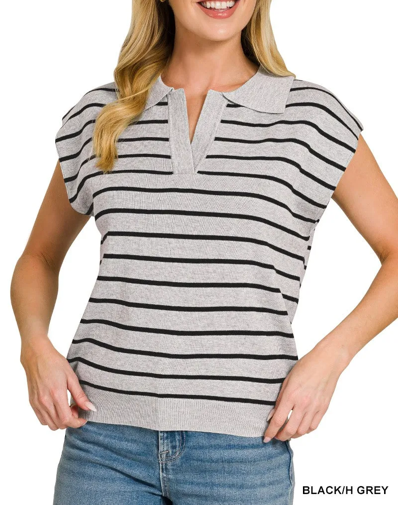 Viscose Striped Polo Collar Sleeveless Sweater
