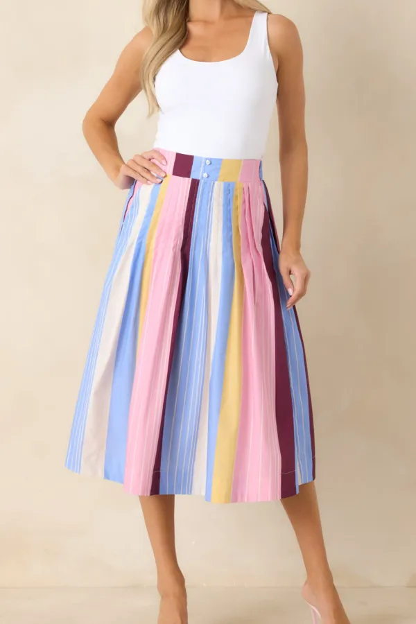 Striped Pleated Midi Skirt