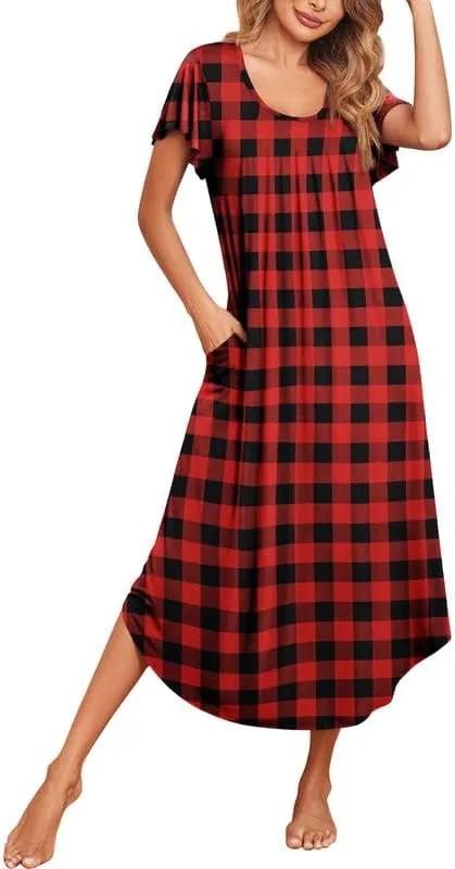 Ekouaer Long Nightgowns for Women with Pockets Short Sleeves House Dresses