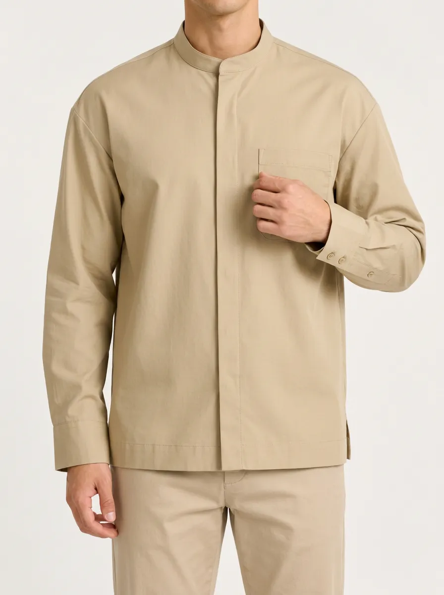 Unisex Beige Mandarin Collar Everyday Shirt