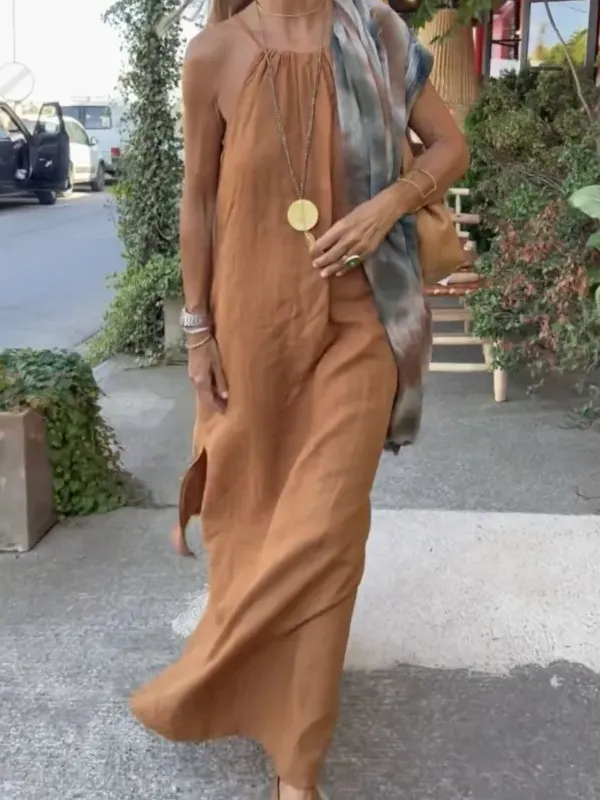 Halter Neck Sleeveless Linen Blend Maxi Dress