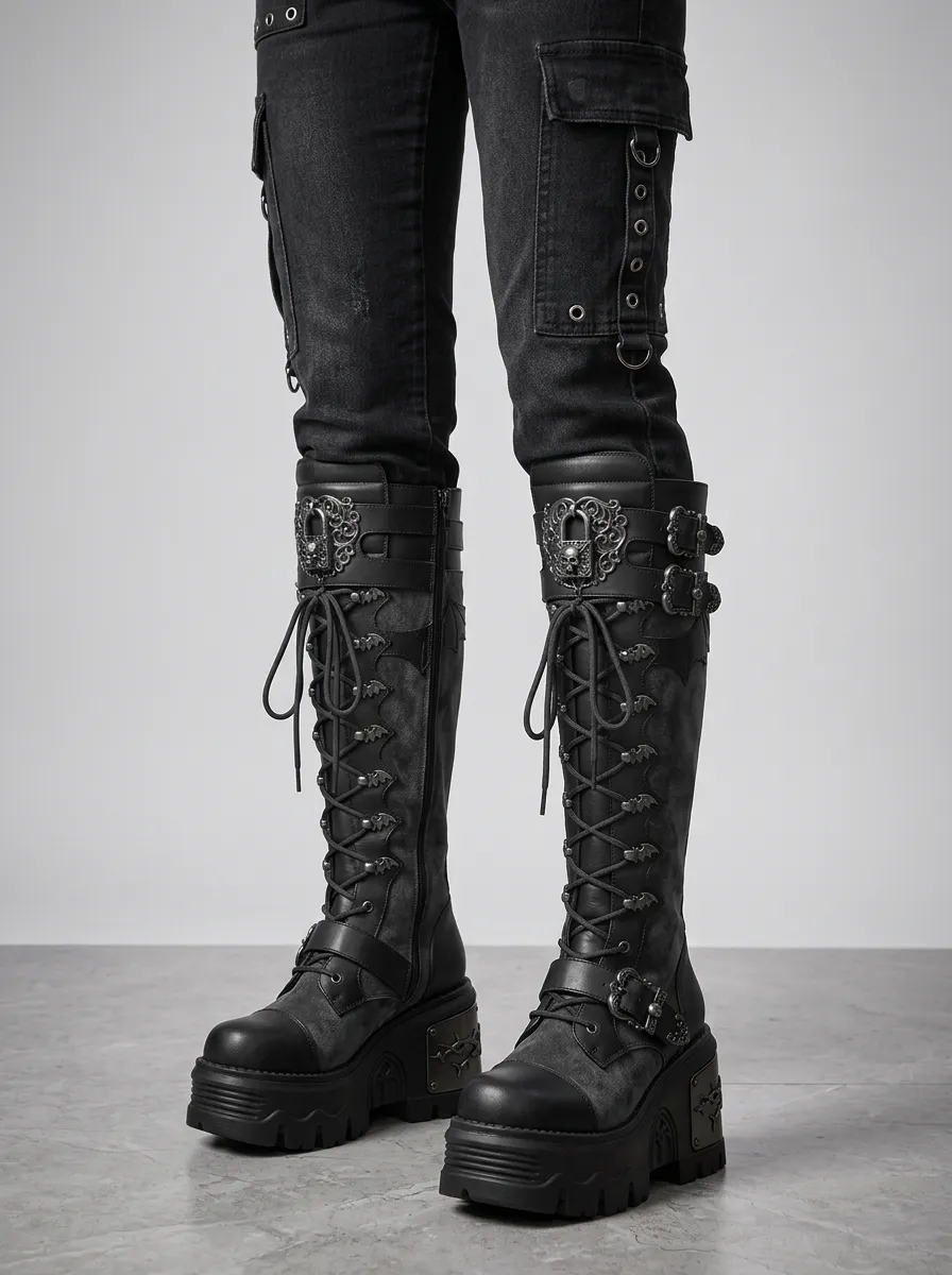 Ritual-Inspired Bat Lace Lace-Up Edit Women's Gothic Platform Knee High Boots