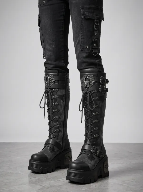 Ritual-Inspired Bat Lace Lace-Up Edit Women's Gothic Platform Knee High Boots