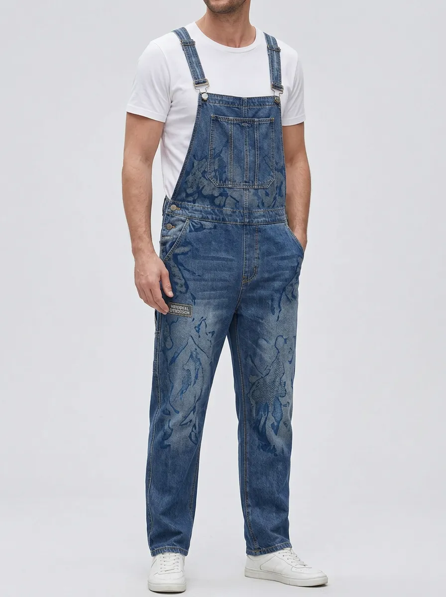 Print Denim Overalls