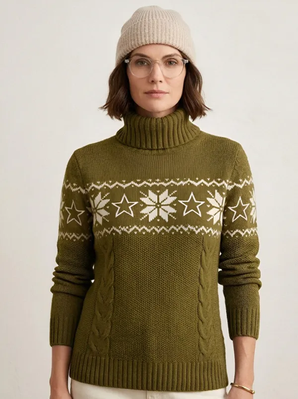 Women's Winter Holiday Star Snowflake Printed Turtleneck Sweater