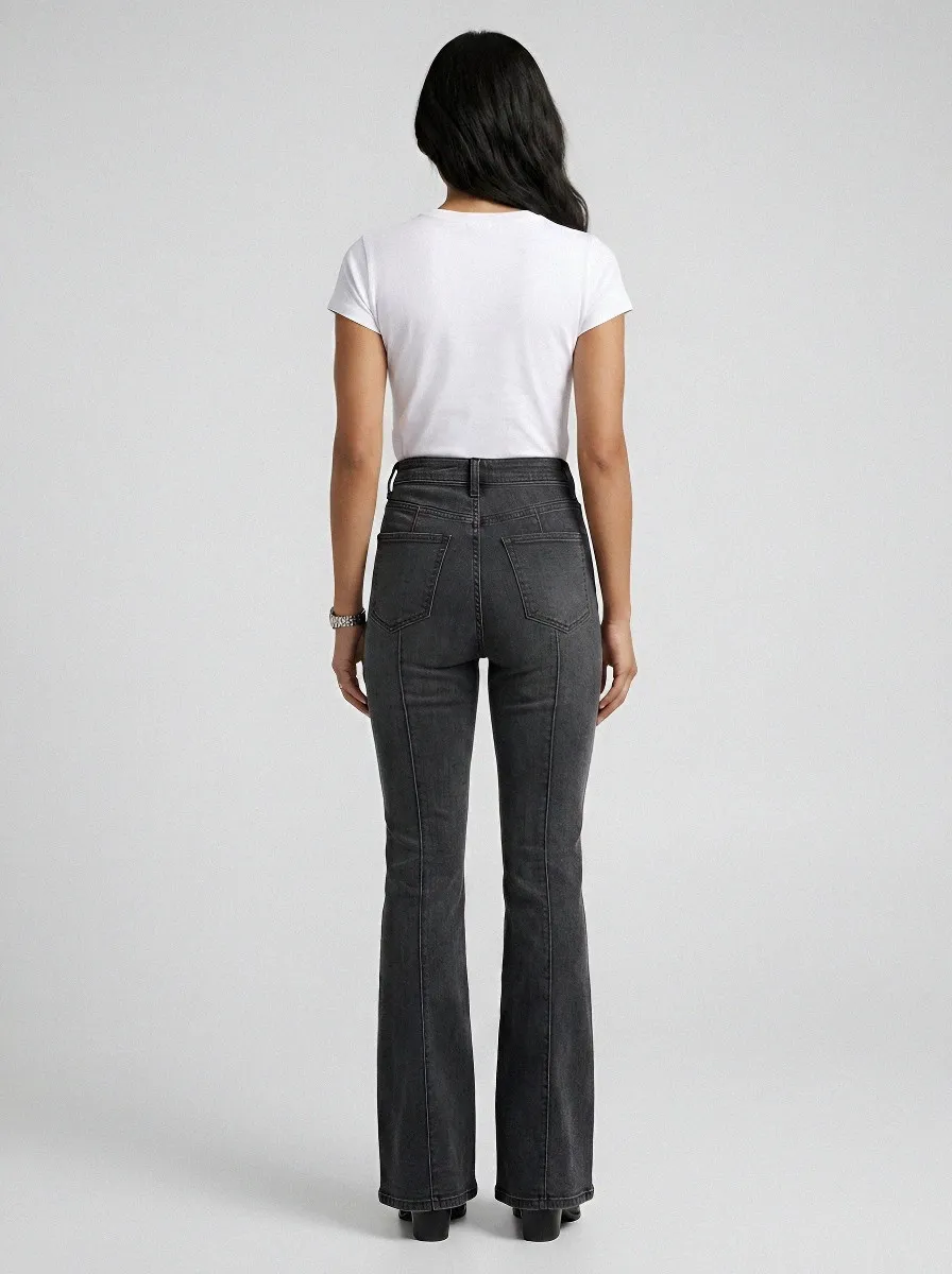 High-Waist Vintage-Wash Seamed Women's High-Waist Stretch Flare Jeans