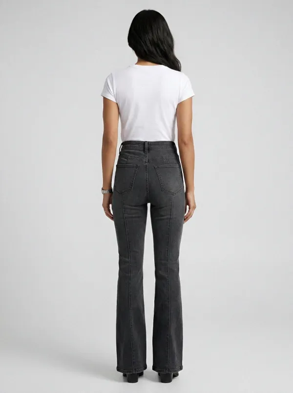 High-Waist Vintage-Wash Seamed Women's High-Waist Stretch Flare Jeans