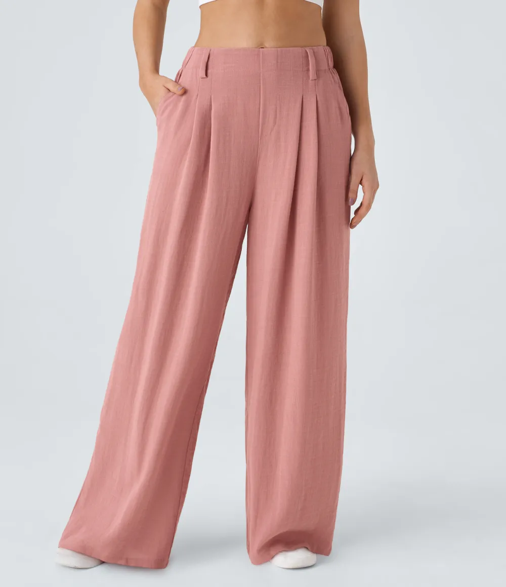 High Waisted Plicated Side Pocket Wide Leg Flowy Solid Palazzo Casual Linen-Feel Pants