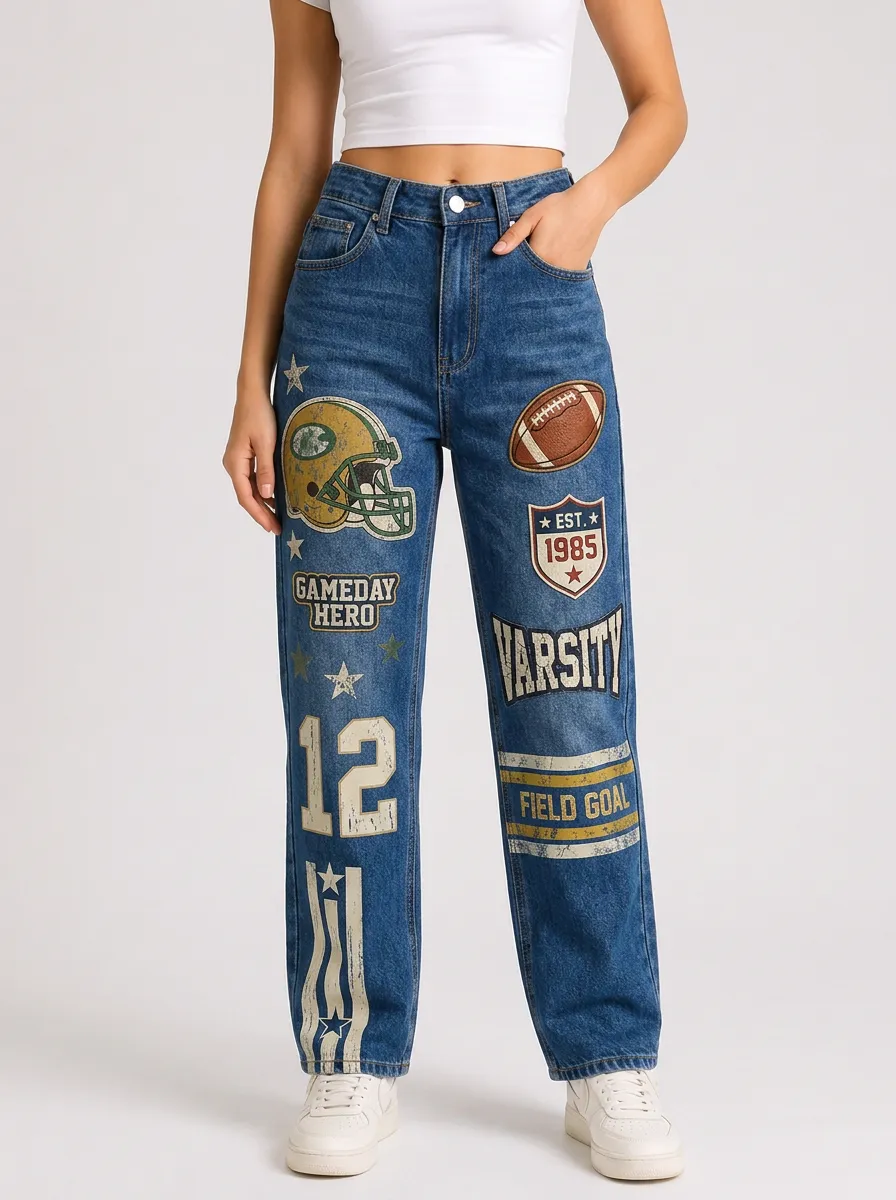 Women's Football Fan Varsity Helmet Printed Denim Jeans