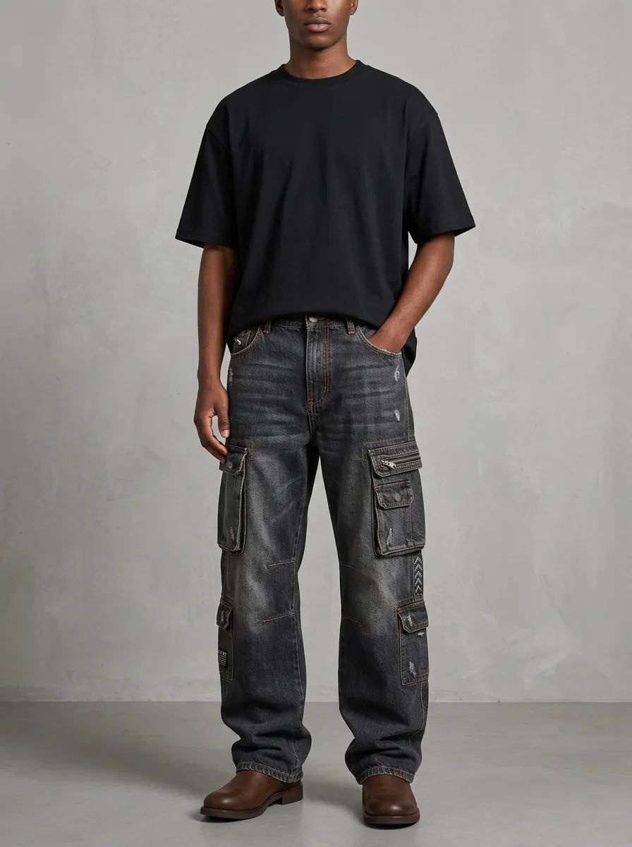 Men's Washed Black Multi-Pocket Zip Utility Pocket Cargo Pants