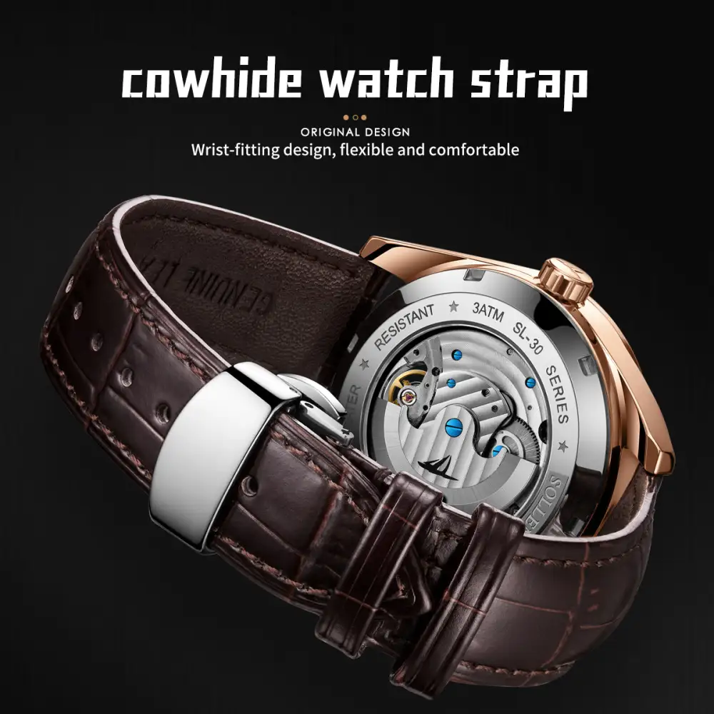 Sollen SL329 Men's Open Heart Automatic Mechanical Watch - 41mm Stainless Steel Case Moon Phase Celestial Dial Leather Strap Wristwatch