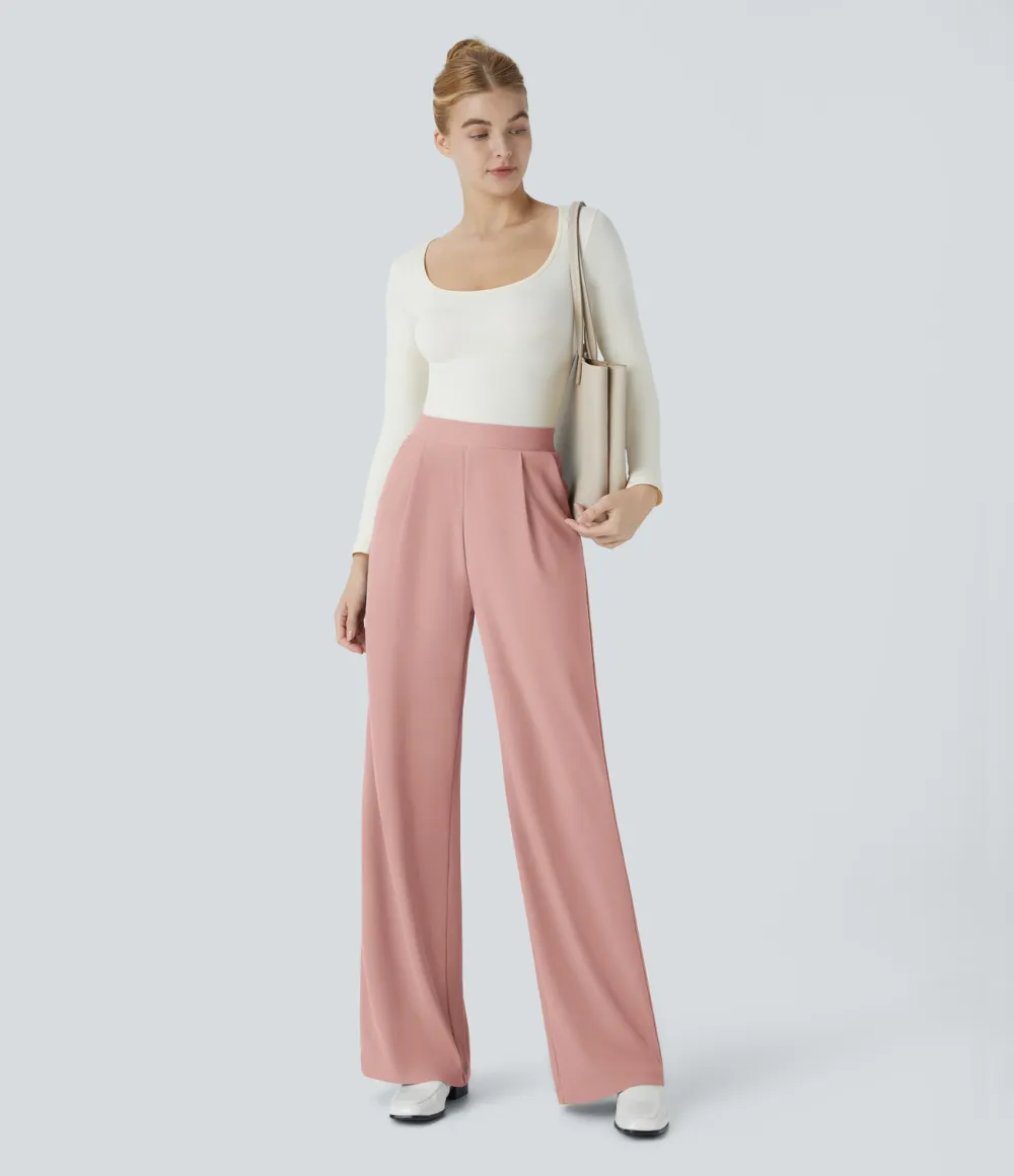  High Waisted Body Sculpt Waist-Slimming Side Pocket Wide Leg Micro Waffle Work Pants