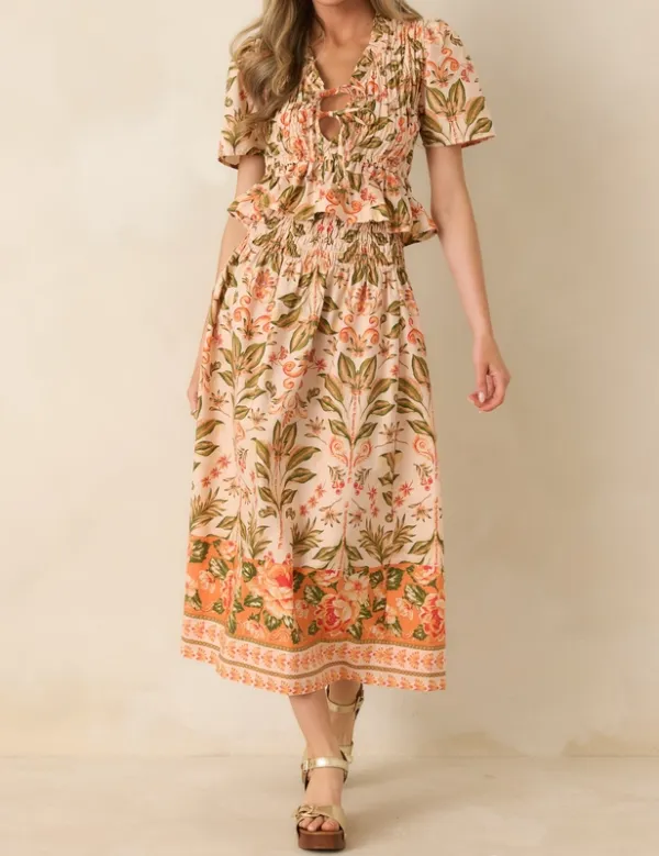 Peach & Green Floral Cotton Midi Skirt