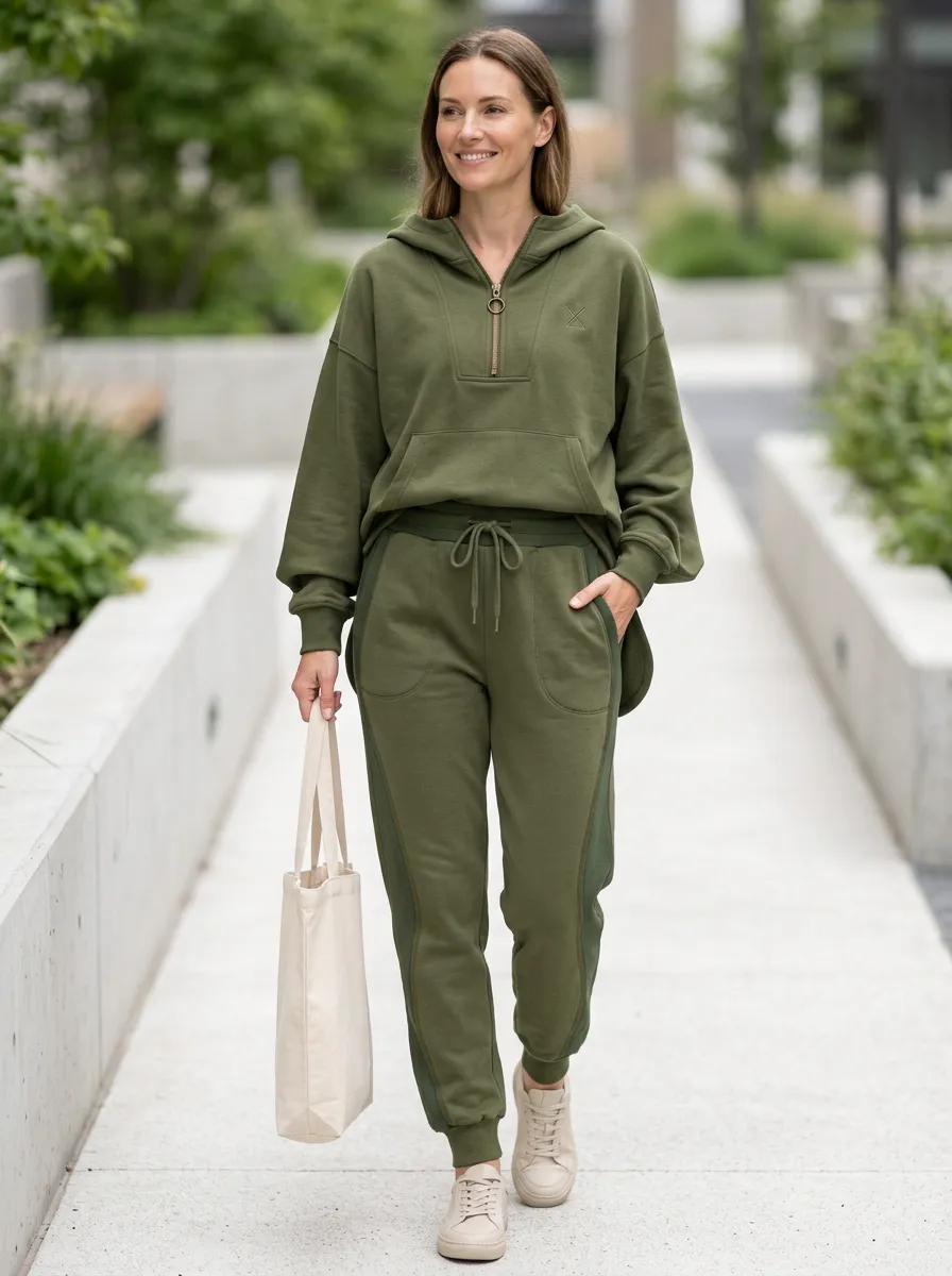 Women's Olive Green Quarter-Zip Hoodie and Jogger Set