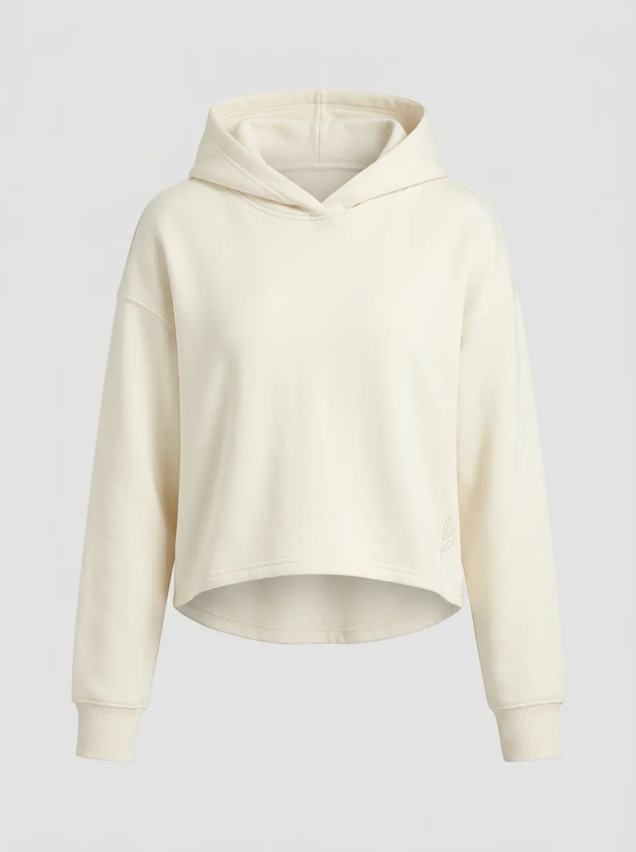 Women's Minimalist Leaf Embroidered Solid Cream Cropped Hoodie