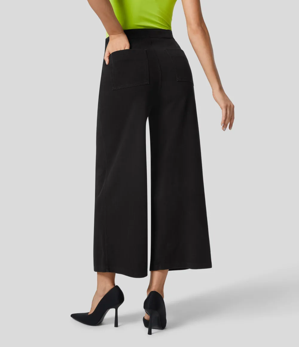 Magic High Waisted Button Pockets Washed Stretchy Knit Casual Wide Leg Jeans