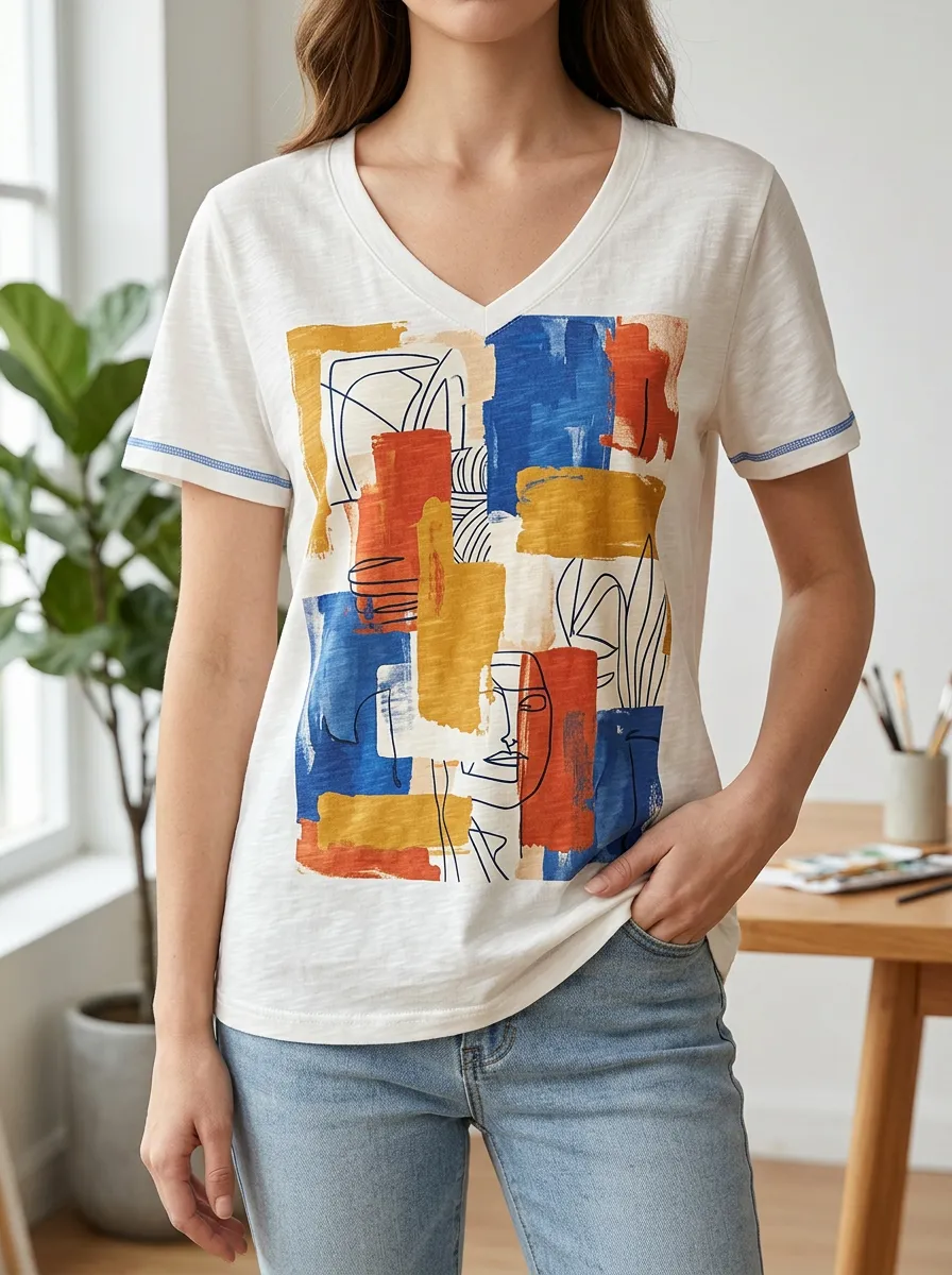 Women's Abstract Art Face Geometric Printed V-Neck T-Shirt