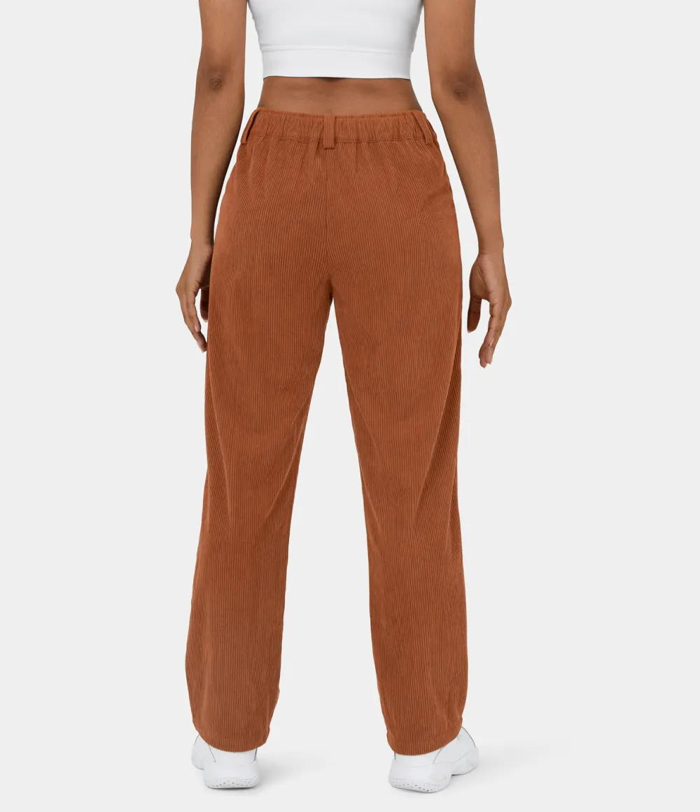 Mid Rise Button Zipper Side Pocket Corduroy Casual Pants