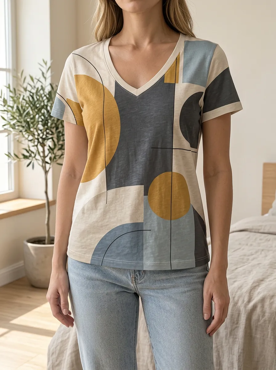 Women's Expressive Abstract Geometric Pattern V-Neck T-Shirt