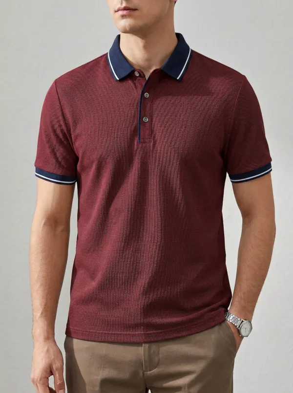 Men's Casual Business Contrast Trim Textured Polo Shirt