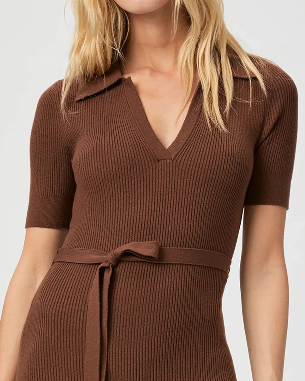 Brown Ribbed V Neck Belted Midi Dress