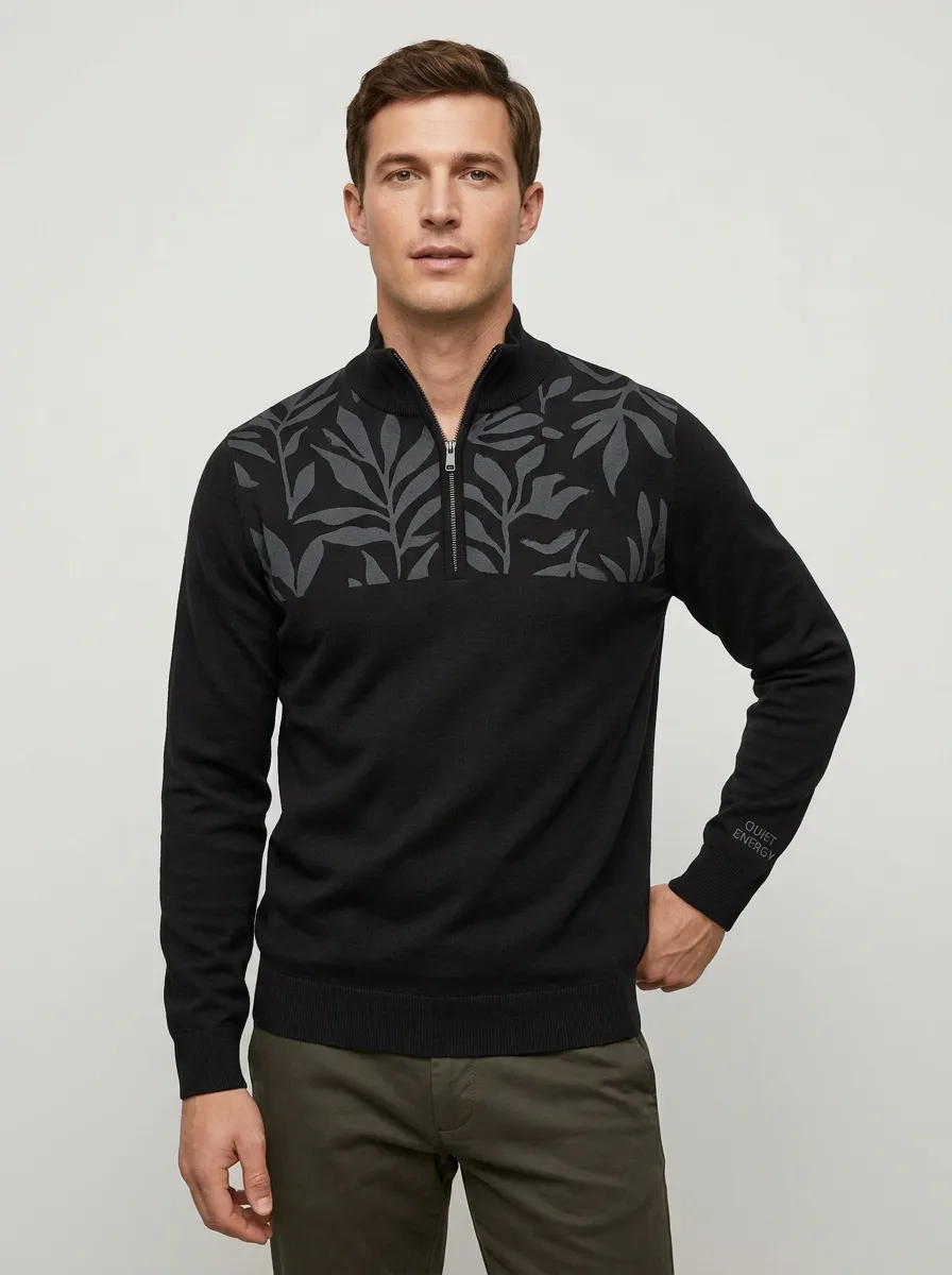 Half-Zip Botanical Leaf-Pattern Men's Half-Zip Sweatshirt