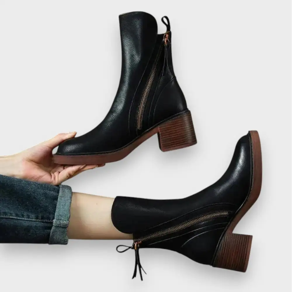 Leather Block Heel Ankle Ankle Boots