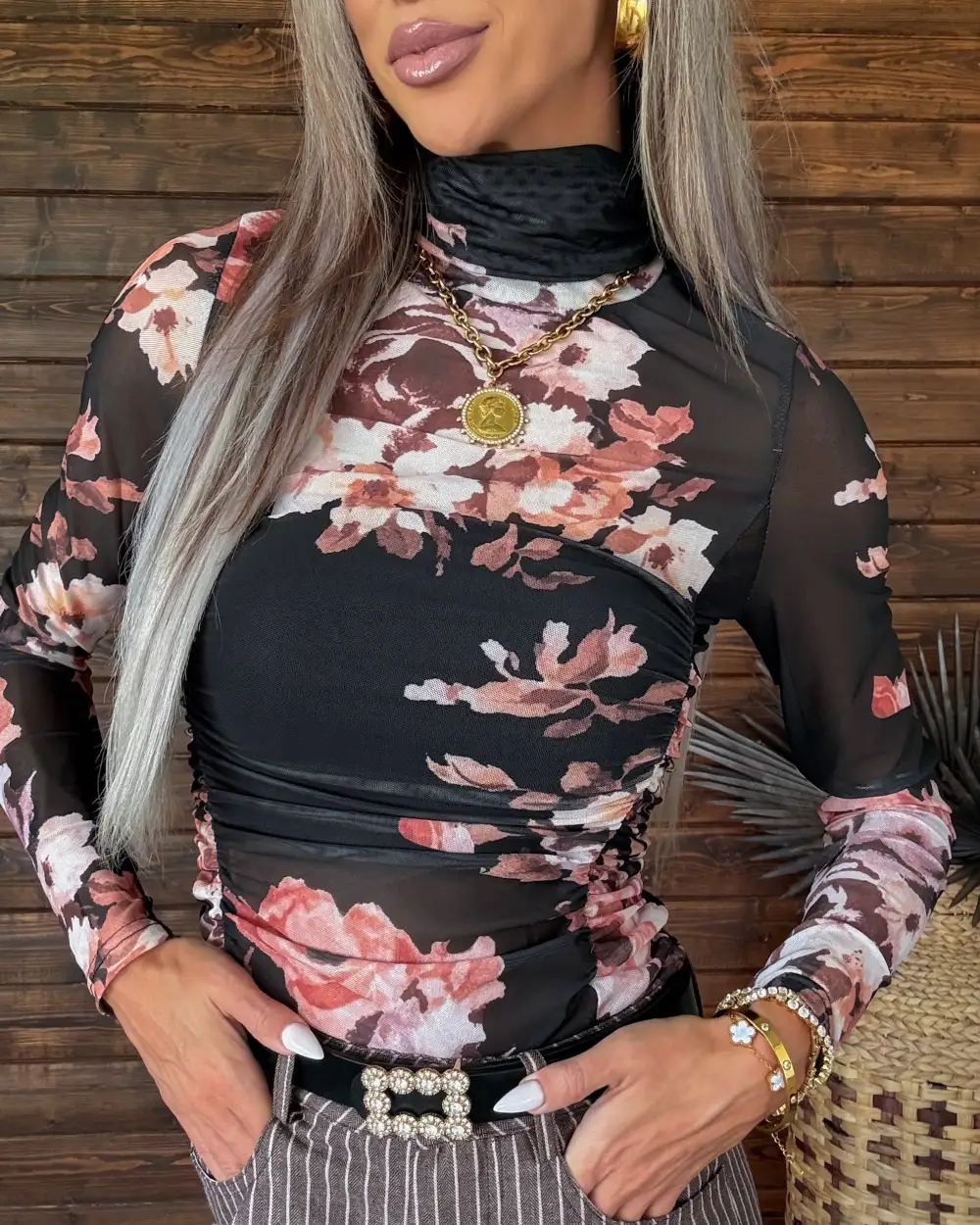 Floral Mesh Long-Sleeve Bodysuit