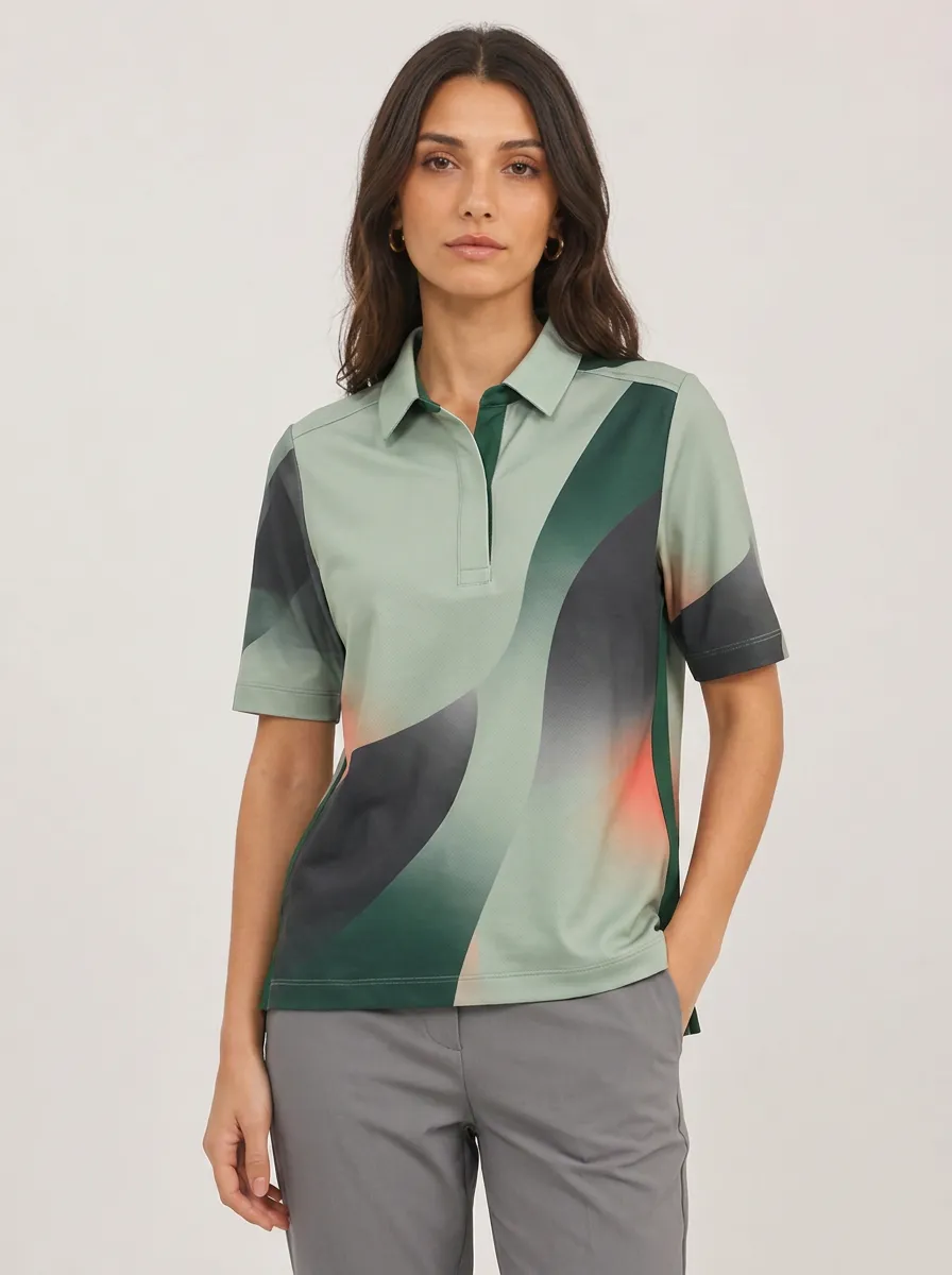 Women's Abstract Wave Pattern Green Printed Polo Shirt