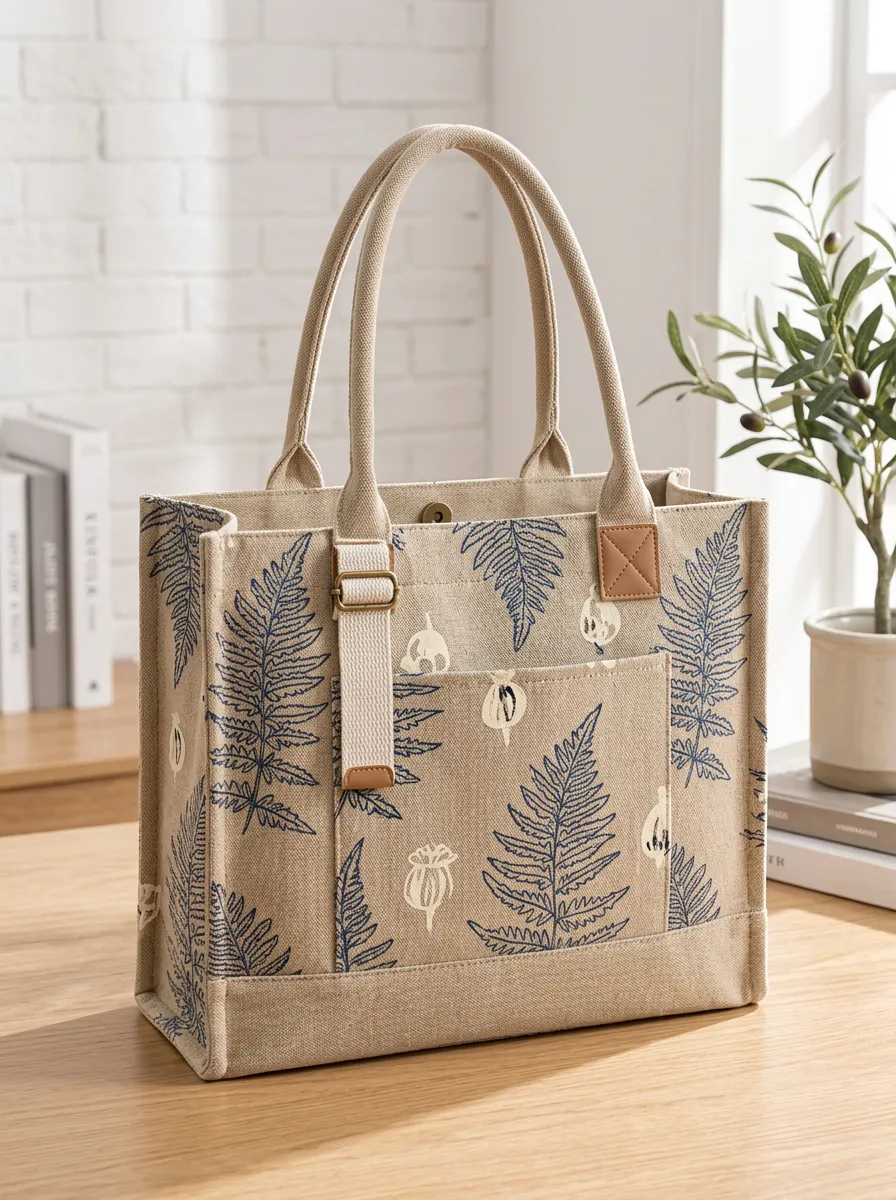 Women's Botanical Fern Printed Canvas Shoulder Tote Bag