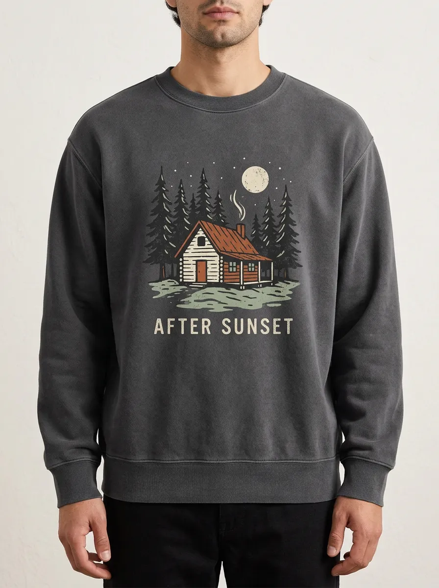 Men's Nature Lover Cabin Forest After Sunset Printed Sweatshirt