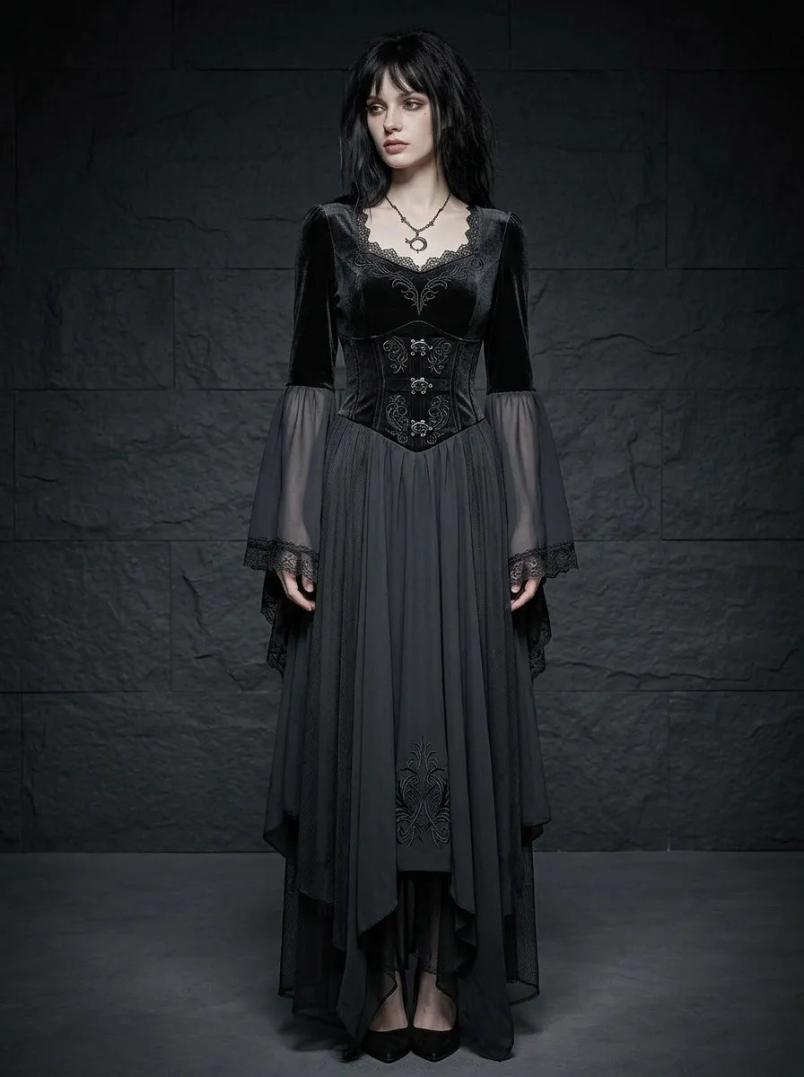 Midnight Victorian Lace Velvet Street Look Women's Gothic Dress