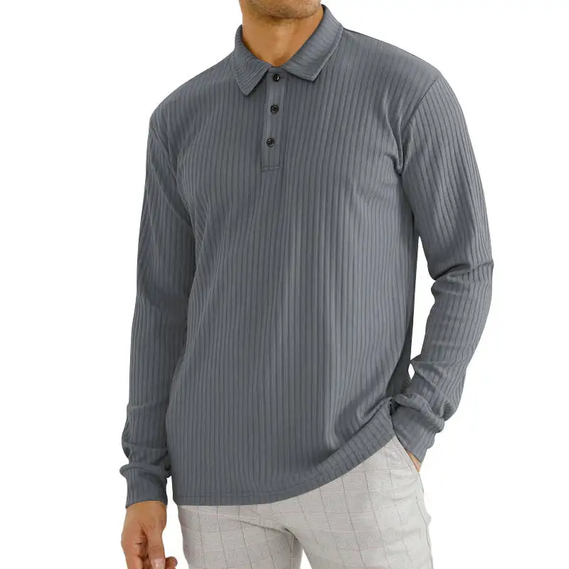 Ribbed Elastic Hem Long Sleeve Polo Shirt