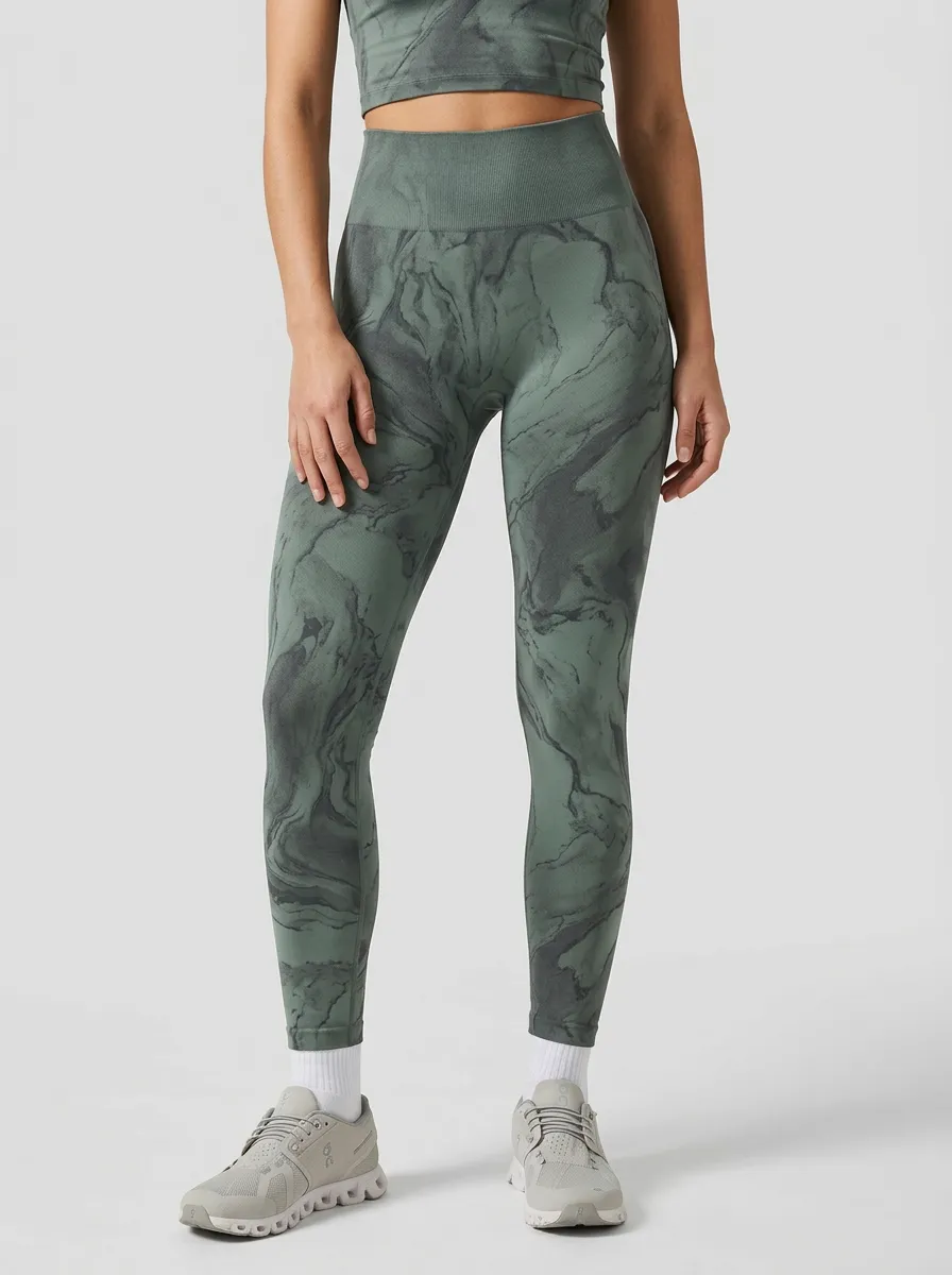 Women's Marble-Print Ribbed Sage No-Front-Seam High-Rise Leggings