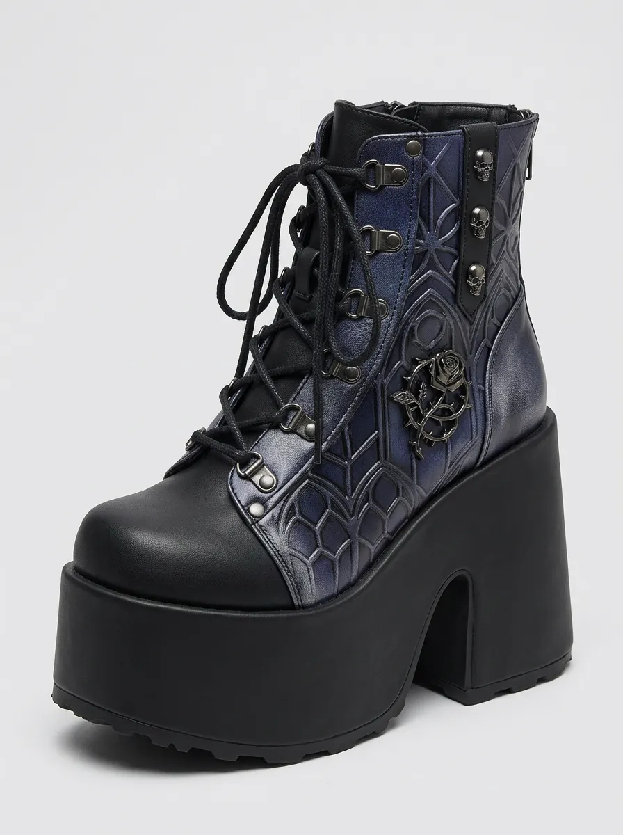 Dramatic Skull Rose Embossed Night Look Women's Gothic Platform Boots