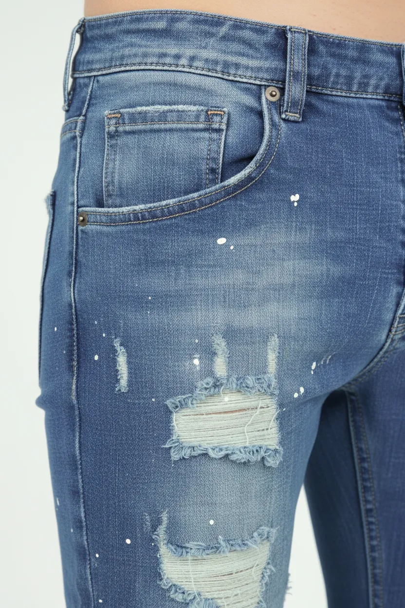 Modern Distressed Slim Fit Paint Splatter Five Pocket Jeans