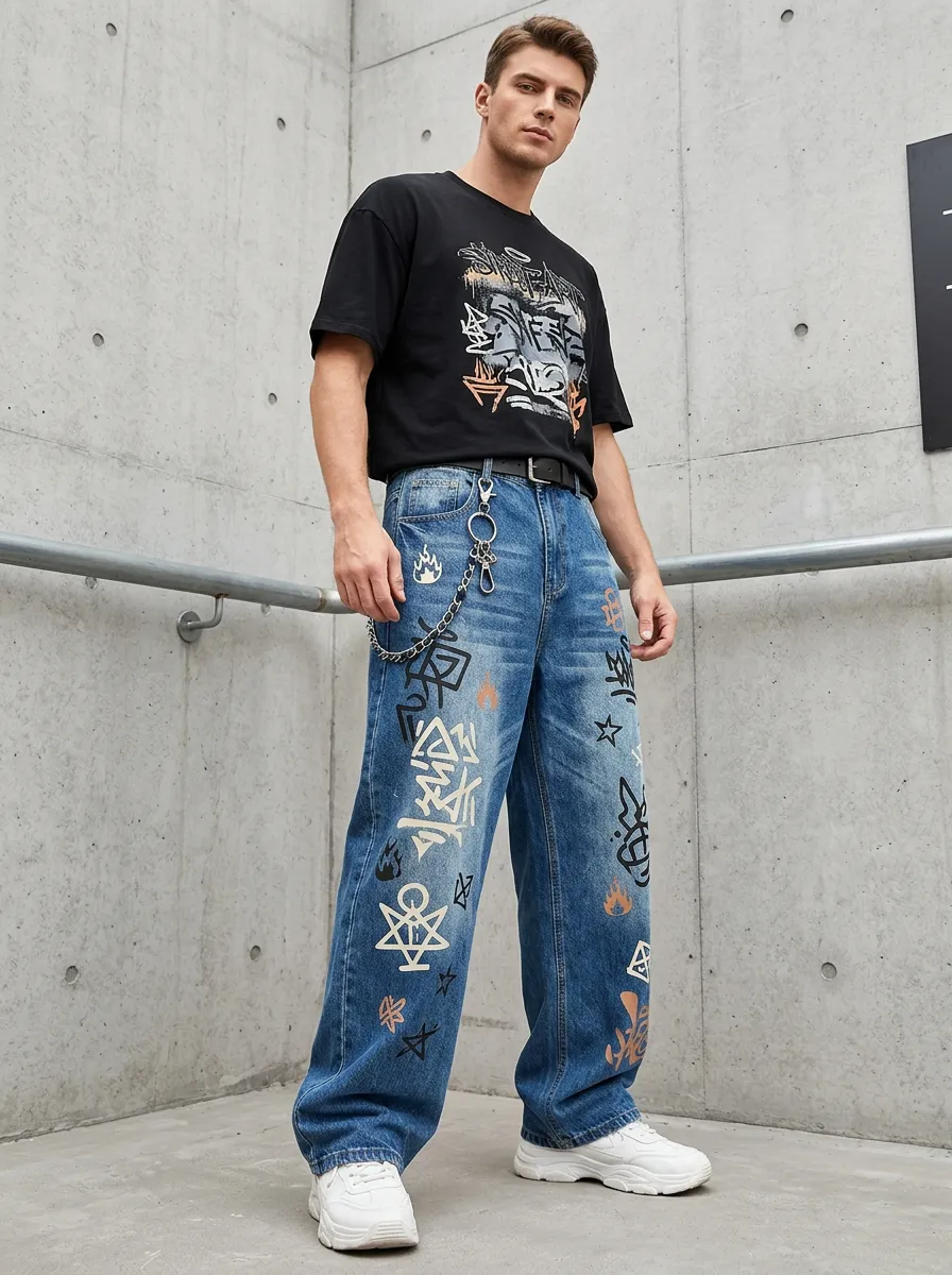 Unisex Expressive Streetwear Graffiti Jeans